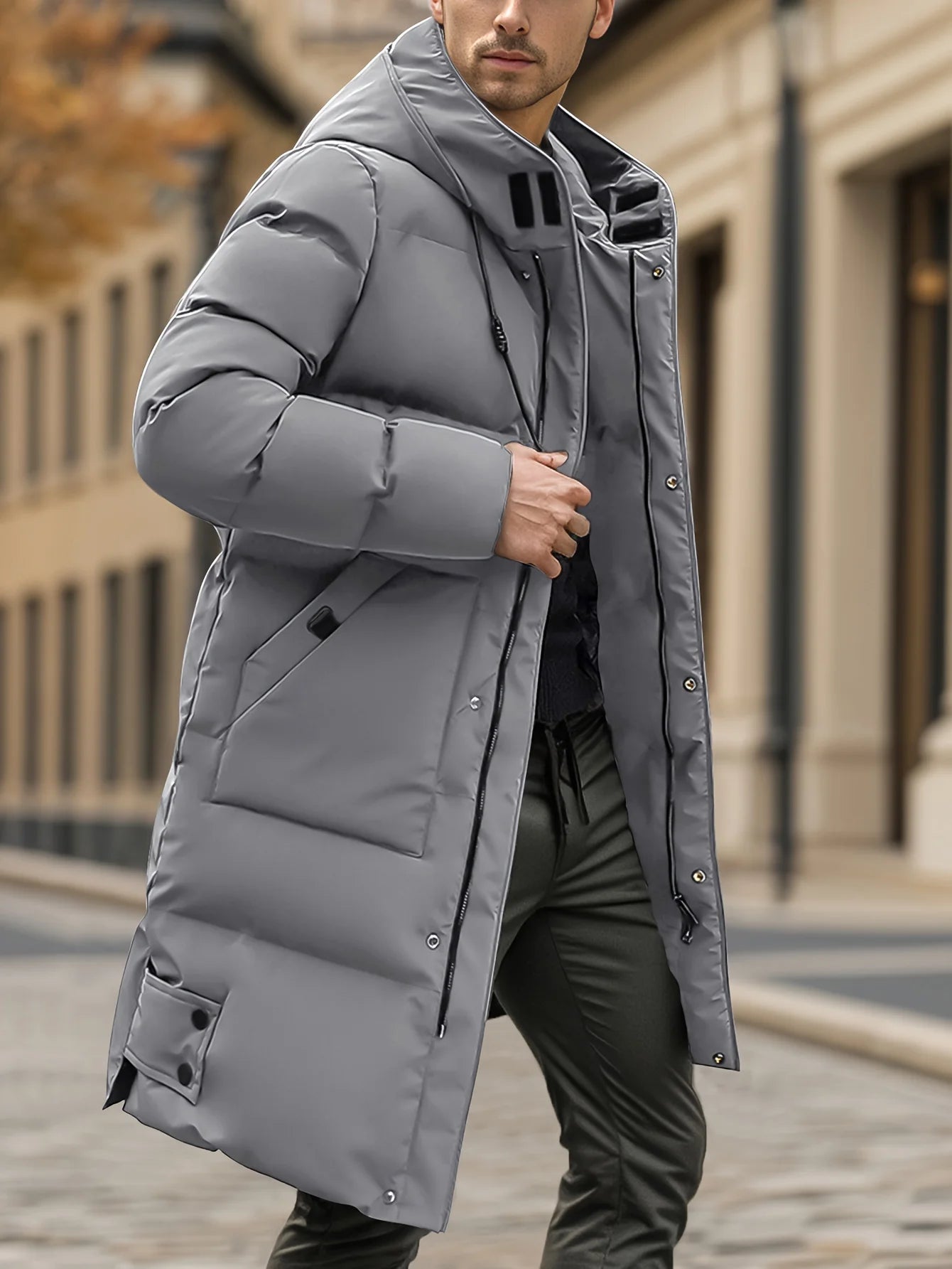 Men's Thick Winter Coat, Cold Weather Windproof Jacket with Full-Length Zipper, Long Hooded Formal, Large Front Pockets