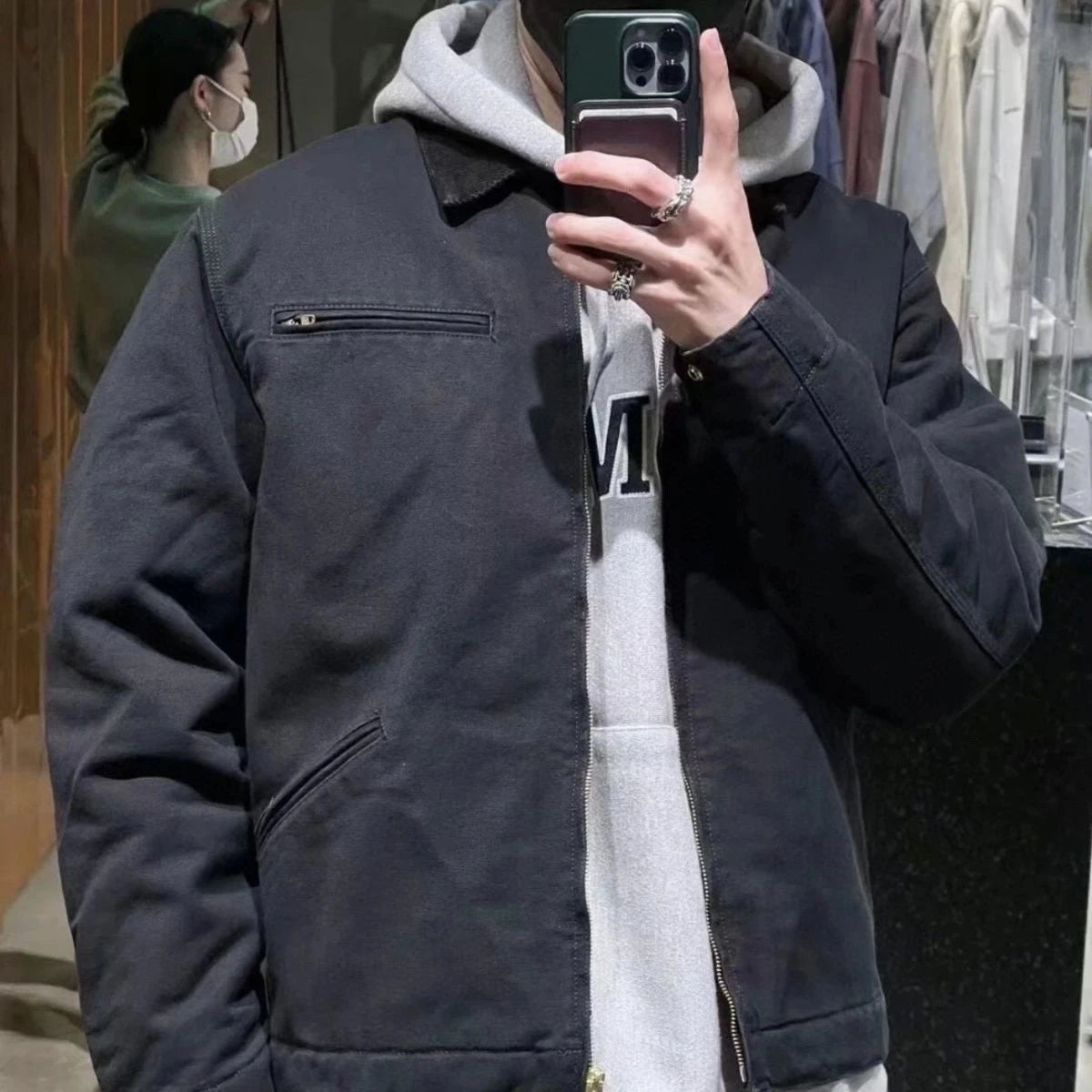 Veste automne-hiver en toile lavée vintage — doublure décontractée, style Detroit, vêtements de travail