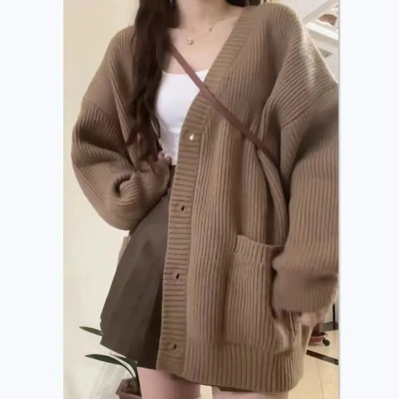 Cárdigan de mujer otoño invierno, abrigos suéter, moda femenina, cuello en V, manga larga, suelto, punto, chaquetas, suéter, cárdigan informal