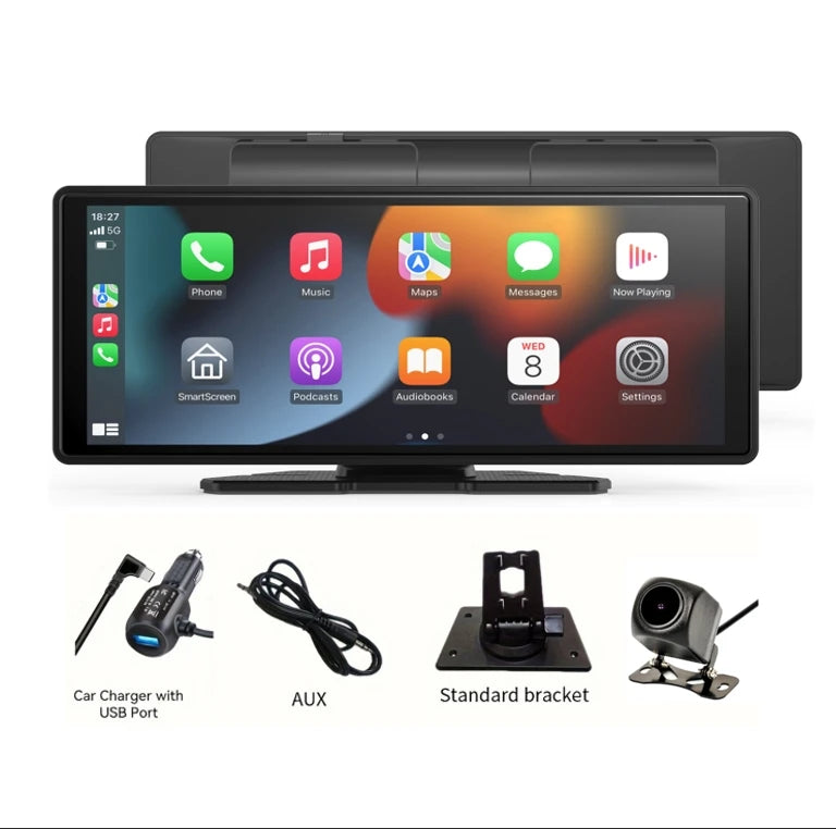 Wireless Portable Carplay Screen for Car, 10.26-inch, Carplay and Android Auto, Touch Stereo, with Dash Cam, Backup Camera