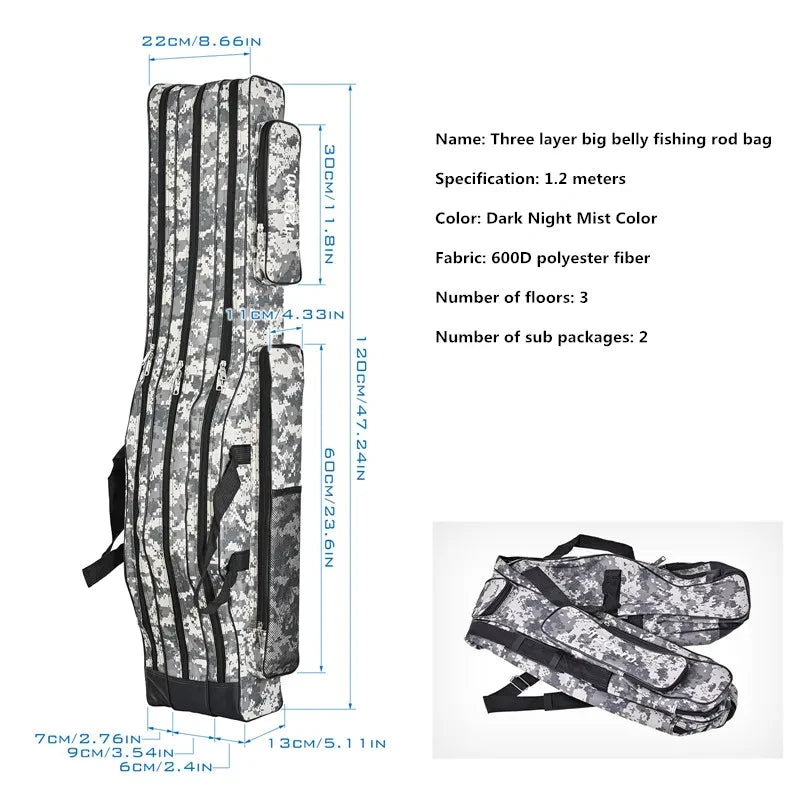 Sac de pêche en mer à grand ventre à trois couches, sac de canne à pêche à double épaule, trousse à outils pour le stockage extérieur, 1.2m, 1.5m