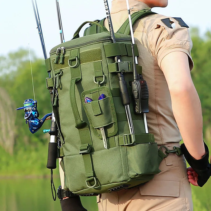 Sac à dos de pêche tactique, sac de matériel avec porte-canne, rangement d'équipement de poisson Molle Camping randonnée sac multifonctionnel en plein air