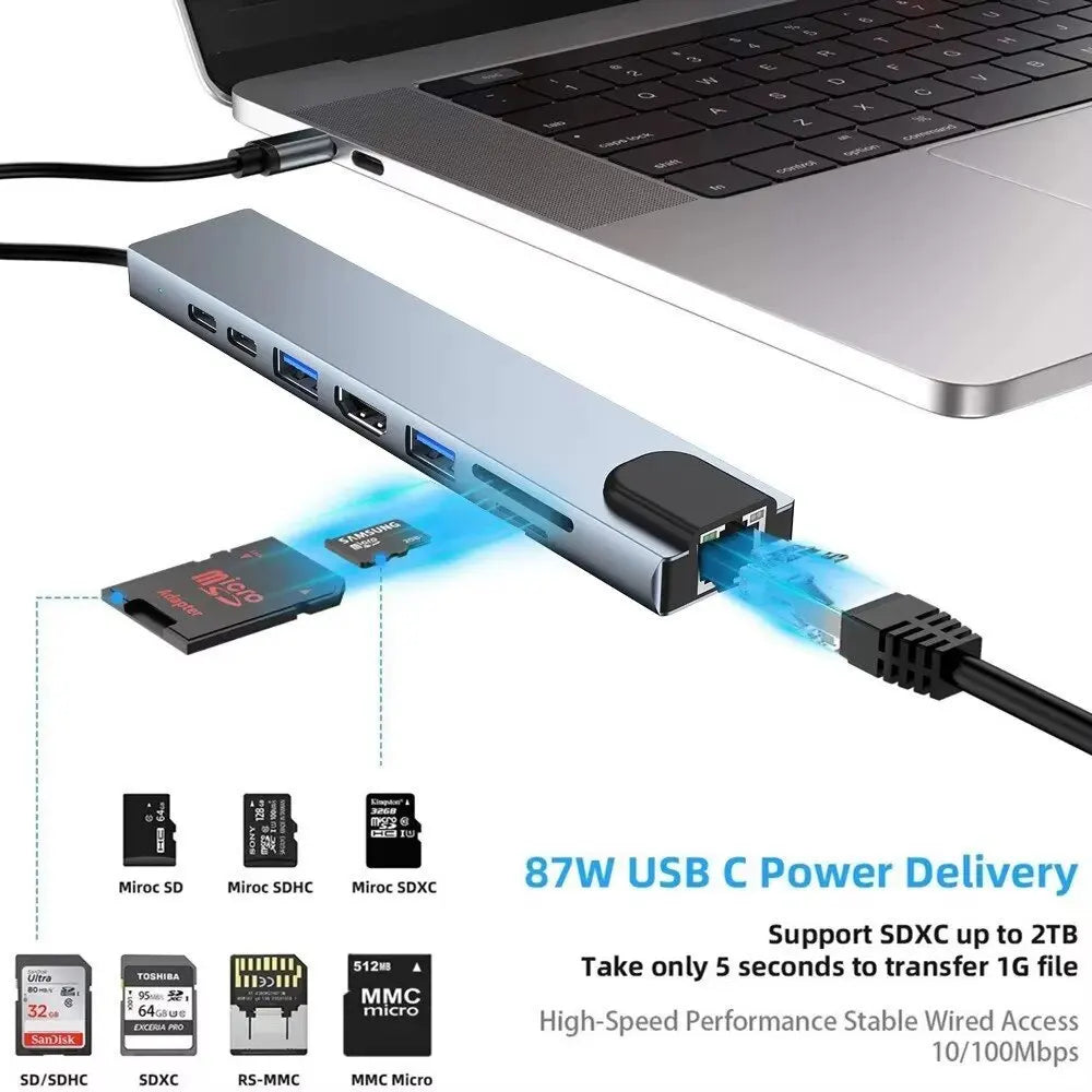 USB 3.0 Type C HUB USB C Station d'accueil vers HDMI 4K 30HZ Type C à RJ45 100Mbps adaptateur Ethernet VGA Extender casque PD 100W