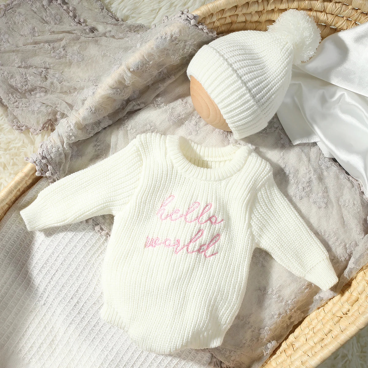 Barboteuse tricotée pour nouveau-né photographie — chapeau à pompon, pull bébé, séance photo HD (v3)
