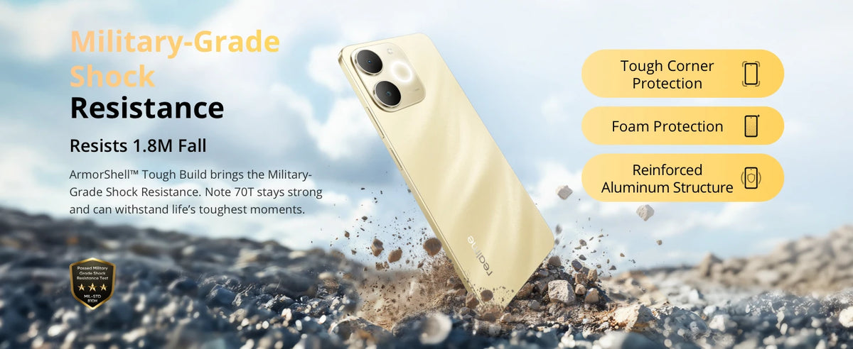 Realme Note 70T Smartphone — 6,75" 90Hz, 6000 mAh, 13 MP IA, Octa-Core, IP54, Version Mondiale