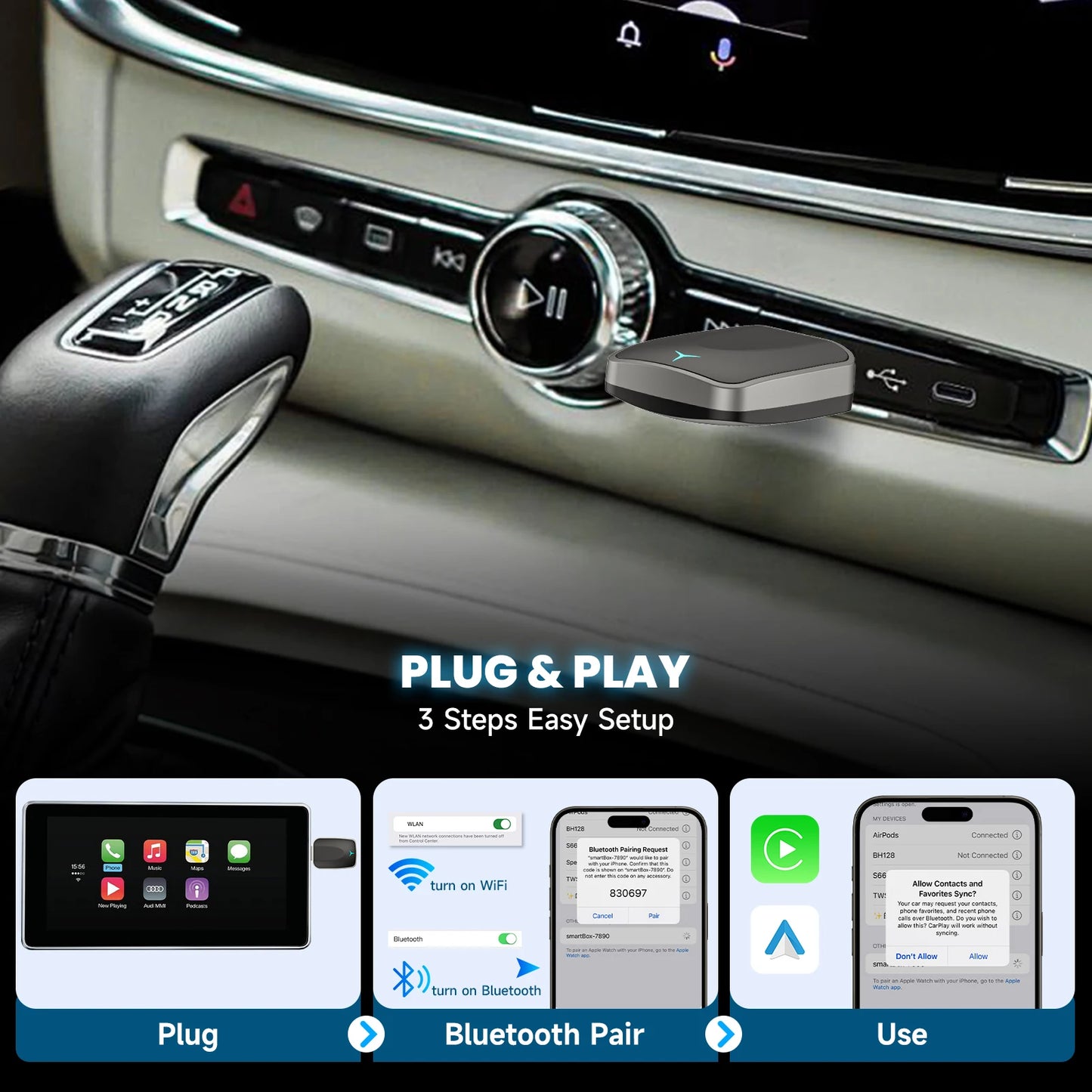 Adaptador inalámbrico 2 en 1 de CarPlay con cable a inalámbrico y adaptador inalámbrico Android Auto Plug & Play