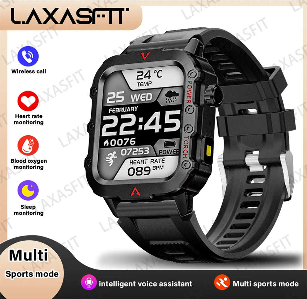 LAXASFIT nuevo reloj inteligente para hombre con linterna LED, reloj inteligente deportivo para exteriores, reloj de pulsera con monitoreo de salud