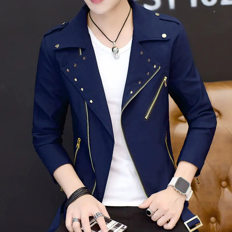 Veste de moto en cuir PU pour homme — col montant, coupe-vent, décontracté, noir, bleu, hiver 2024