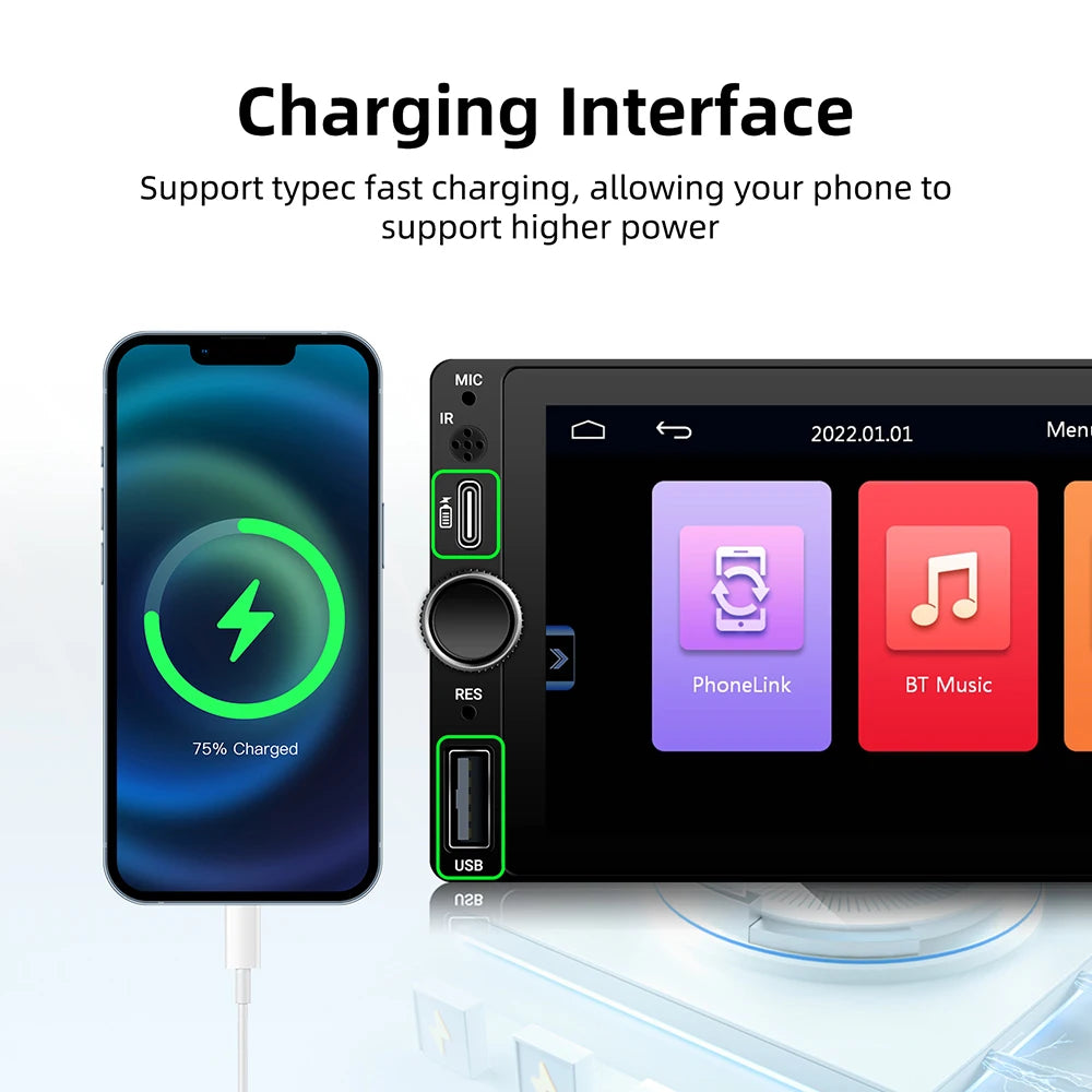 1DIN 6.86 inch Universal MP5 Car Radio Support Wireless Carplay Android AUTO AUX USB BT Touch Screen Multimedia Video Player
