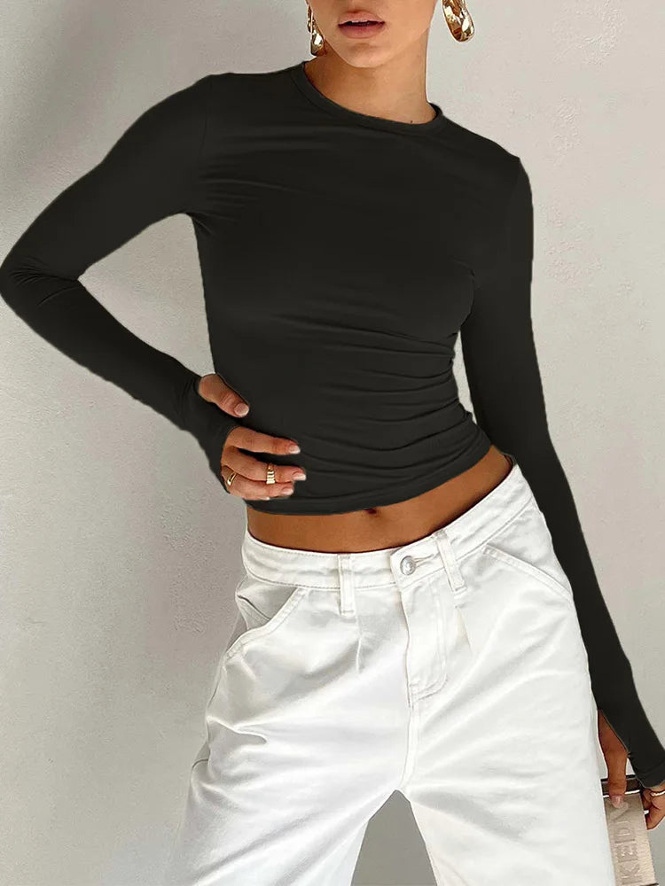 Haut Court Femme Manches Longues Trous Pouces — Streetwear Coupe Ajustée
