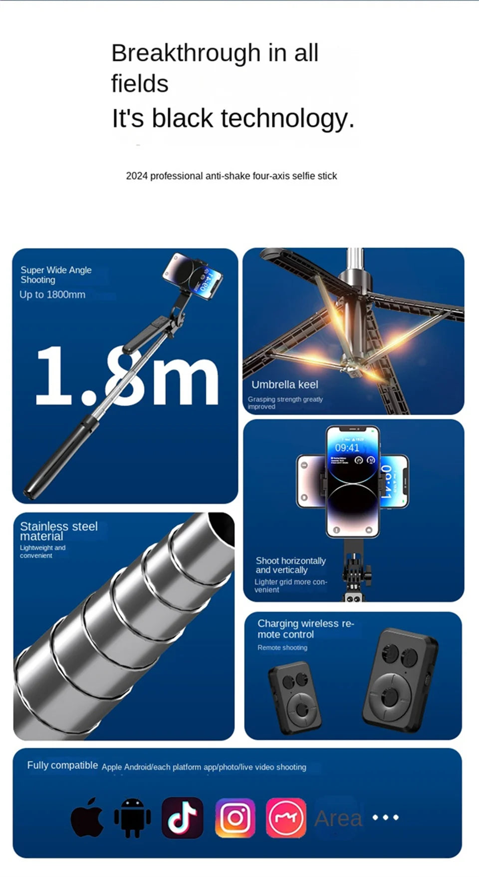 Roreta — Perche à Selfie Trépied 1.8m Télécommande Bluetooth iPhone & Android