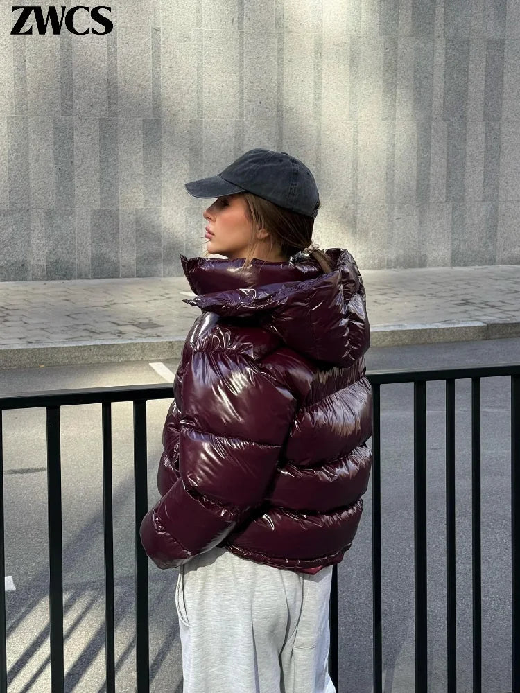 Women's Hooded Coats with Solid Shiny Zipper, Pleated Short Cotton Jacket, Warm Elastic Waist, New 2025 Winter Collection, Street Outerwear