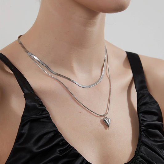 Collier double couche en acier inoxydable — simple, élégant, pendentif cœur, cadeau pour femmes