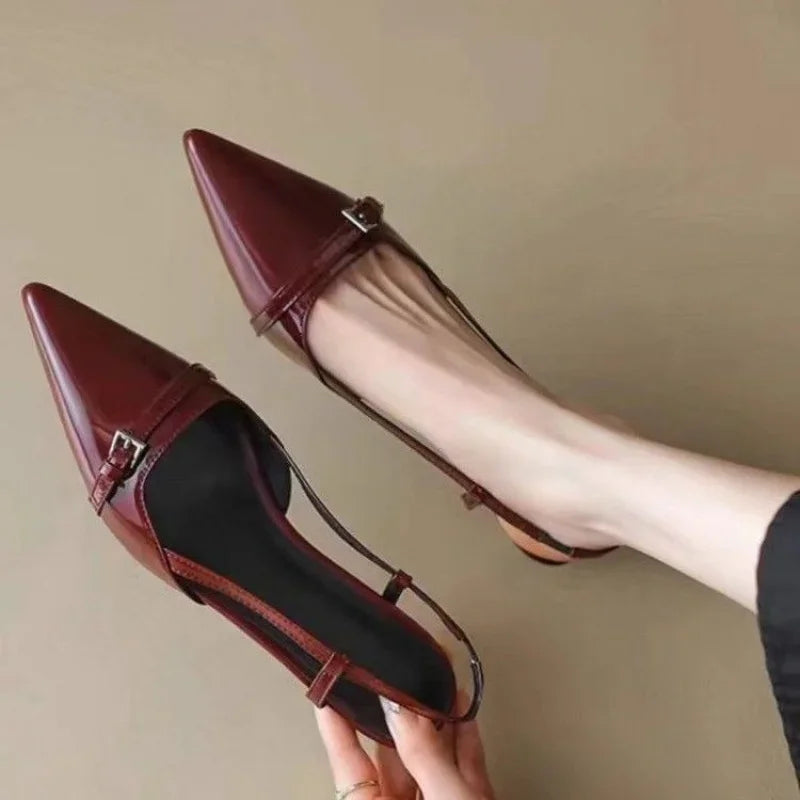 Sandalias de mujer de encanto retro en burdeos con puntera puntiaguda, tiras individuales y tacones bajos sandalias Mujer Zapatos de verano Mujer
