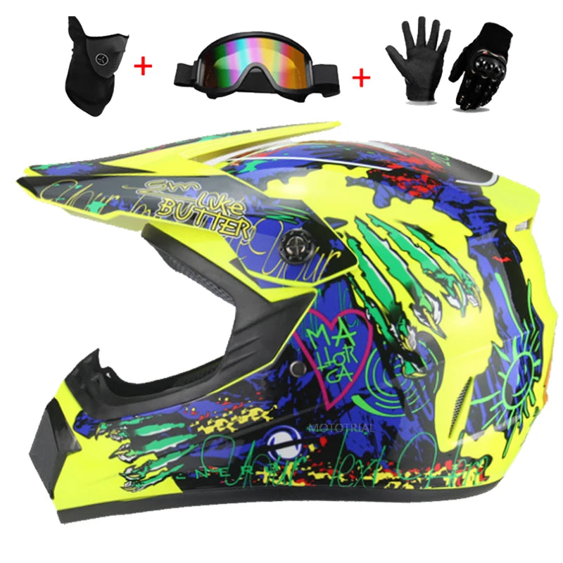 Kids Full Face Motorcycle Helmet, Youth Motocross Helmets, Off-Road Goggles, Cycling Protective Gloves