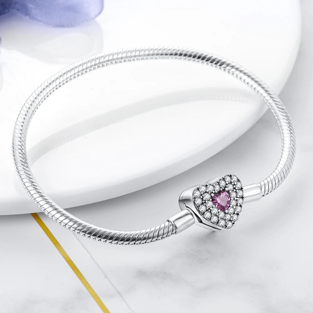 Fashion S925 Silver Plated Peach Heart Love Sparkling Zircon Bracelet for Women DIY Fit Charms Fine Beads DIY Birthday Jewelry