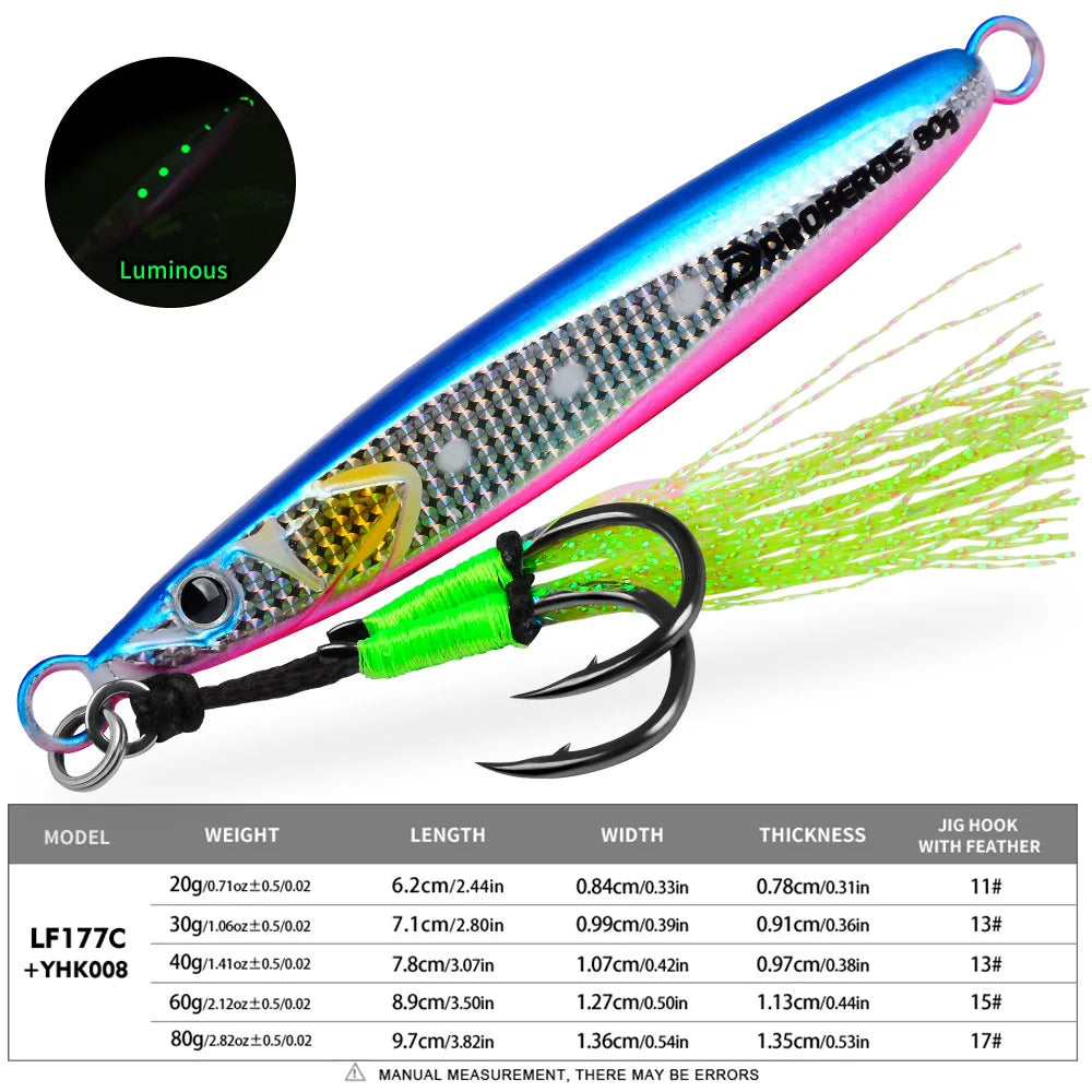 Leurre de pêche en métal lumineux LHFSH, appât dur 20g-80g à coulée lente avec hameçons triples pour la pêche au bar et au thon