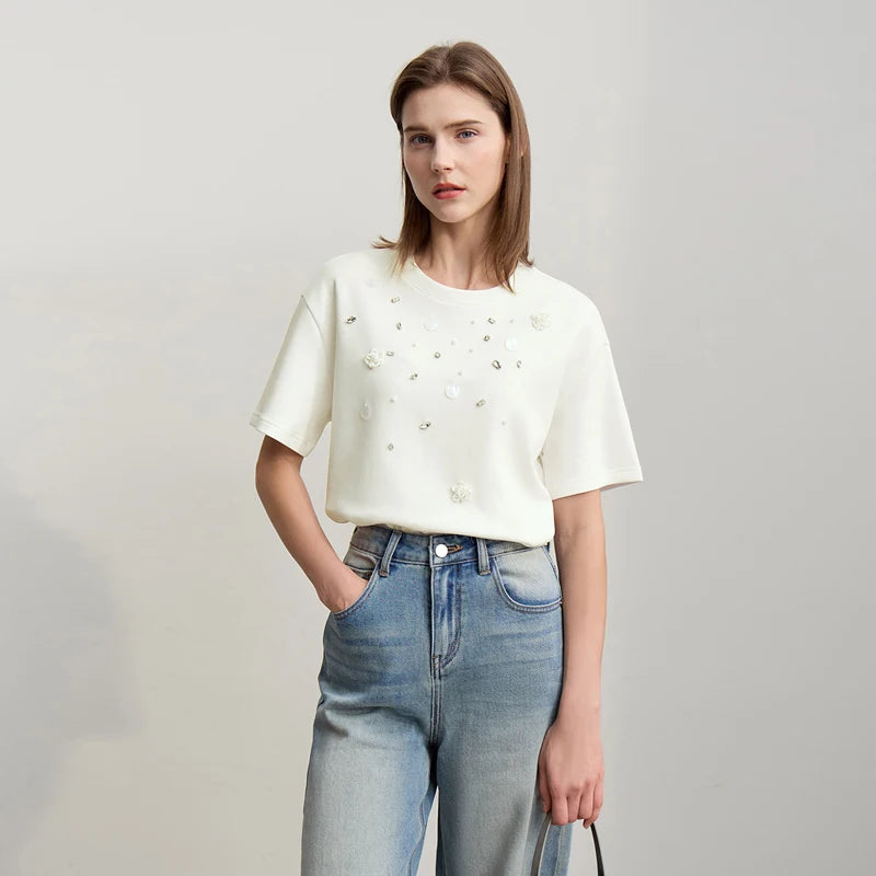 T-shirt femme 2026 — col rond, perle tridimensionnelle, fleur, diamant, tricot, ample