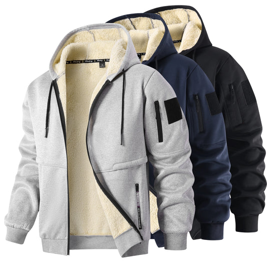 Men's Winter Fleece Jacket, Casual Thick Wool Jacket, Warm Hooded Zip-Up Sweatshirt, Long Sleeve Sports Cardigan, Hooded Coat