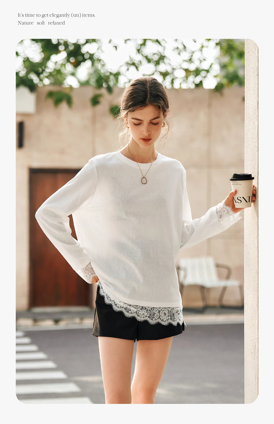 T-shirt femme en coton blanc automne 2026 — décontracté, ample, col rond, manches longues en dentelle