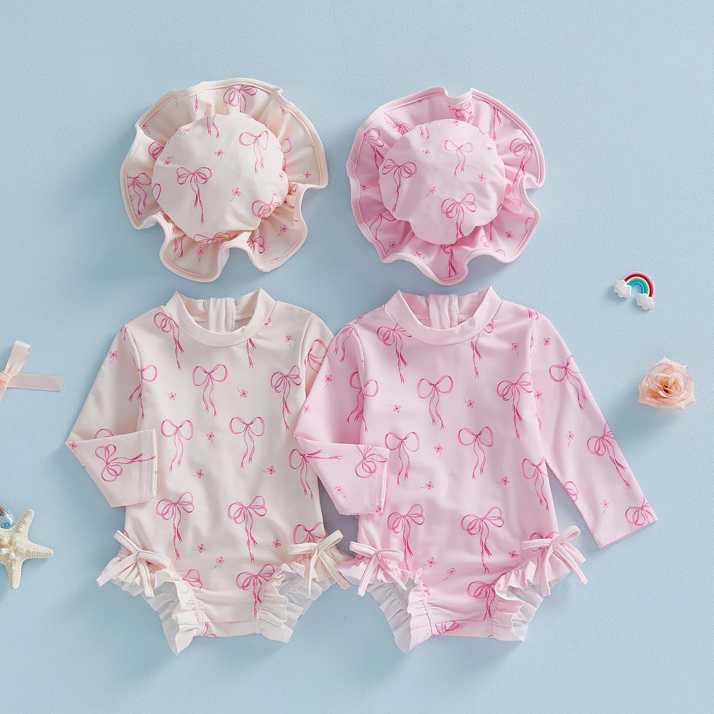 Maillot de bain pour bébé fille, protection contre les éruptions cutanées, imprimé nœud, à volants, manches longues, col rond, vêtements de plage, combinaison et chapeau, ensemble 2 pièces