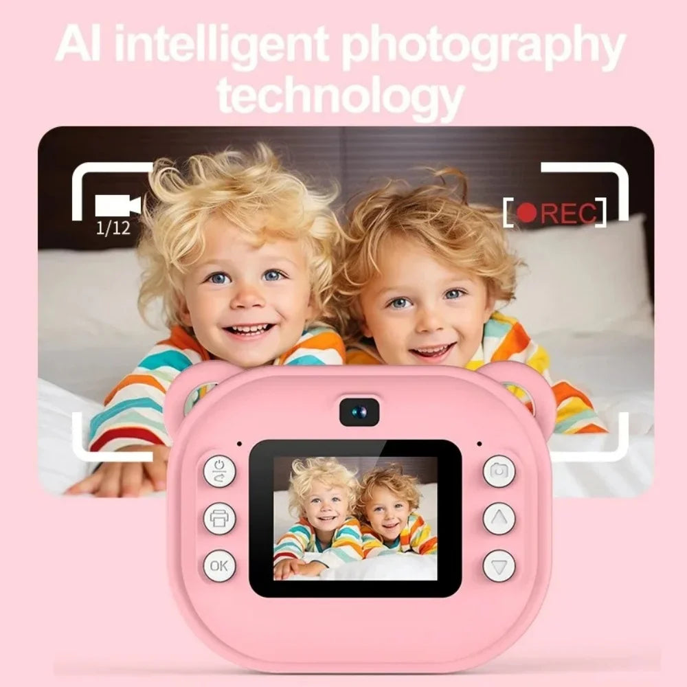 Instant camera for children, mini digital video camera for children, 1080P screen, thermal paper printing + 32G memory card