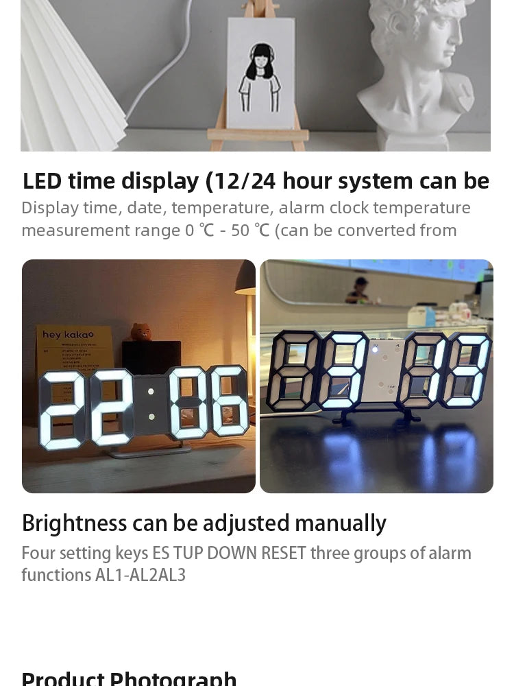 Horloge murale numérique LED 3D lumineuse avec prise USB – Décoration créative pour la maison