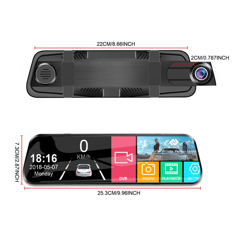 10 "Touchcam táctil 24H Aparcamiento opcional doble lente frontal y trasera para coche DVR espejo grabador de vídeo caja negra sistemas inteligentes