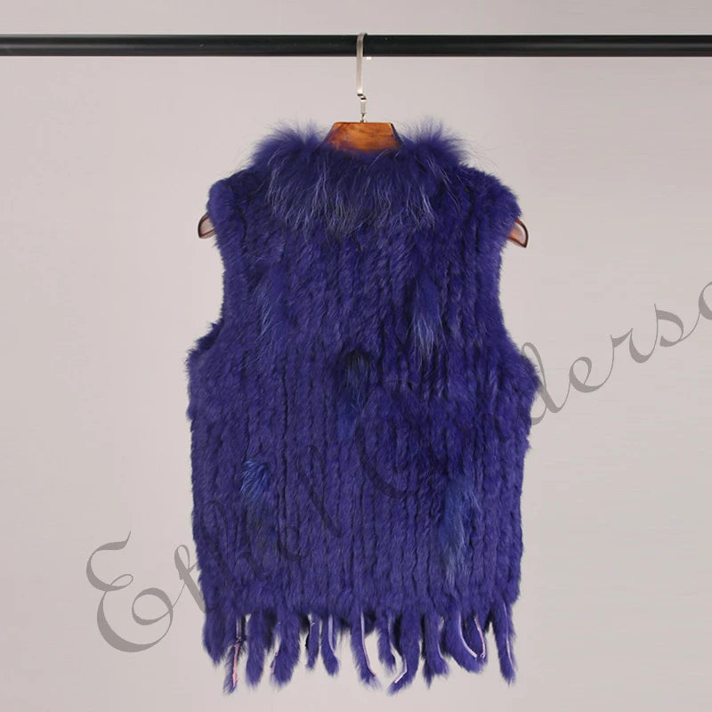 Gilet à glands en véritable fourrure de lapin tricoté — vintage, garniture fourrure raton laveur