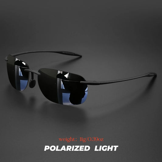 Lunettes de soleil polarisées sans cadre TR90 ultra légères 11 g – Coupe flexible et confortable, forme carrée pour la conduite, la pêche et l'extérieur