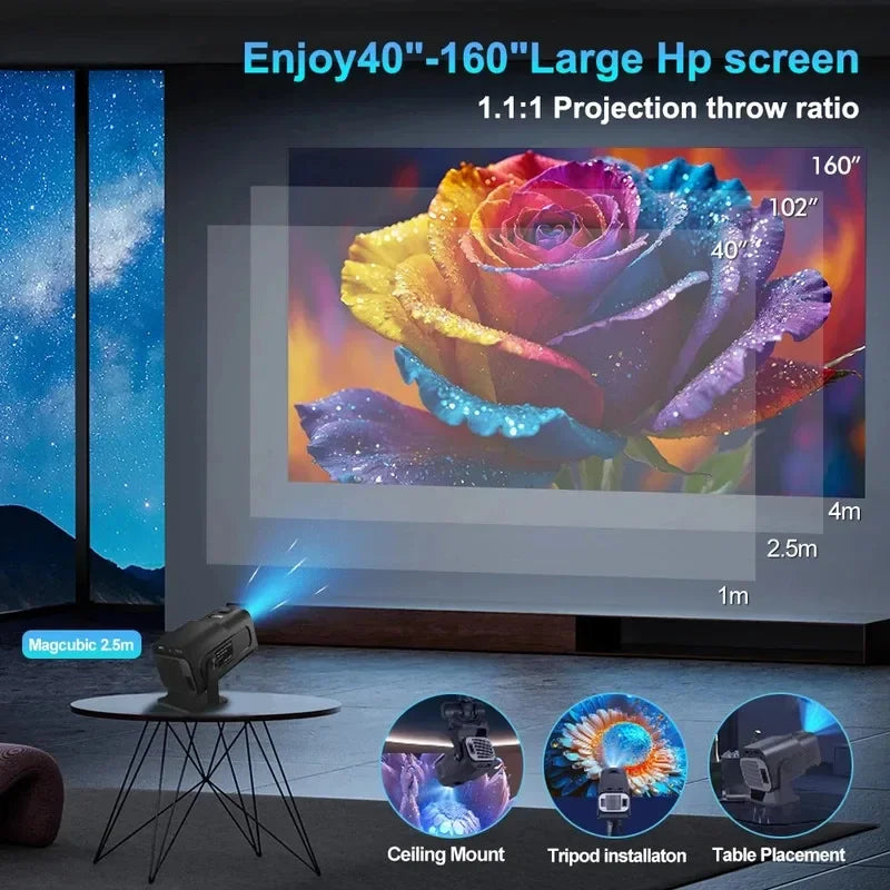 Projecteur Android 11 4K 2025 — 1080P Natif 390 ANSI Mini WiFi6 BT5.0 Cinéma