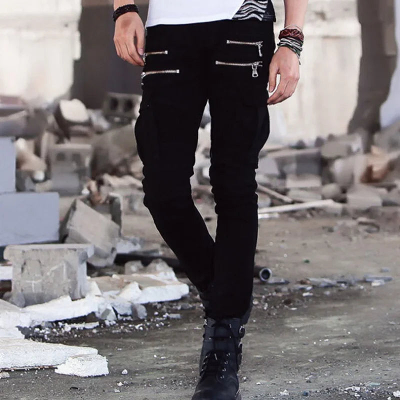 Men's Green Denim Biker Jeans, Slim Fit, Elasticated, Hip Hop, Military, Motorcycle, Cargo, New Track, DistMurcia
