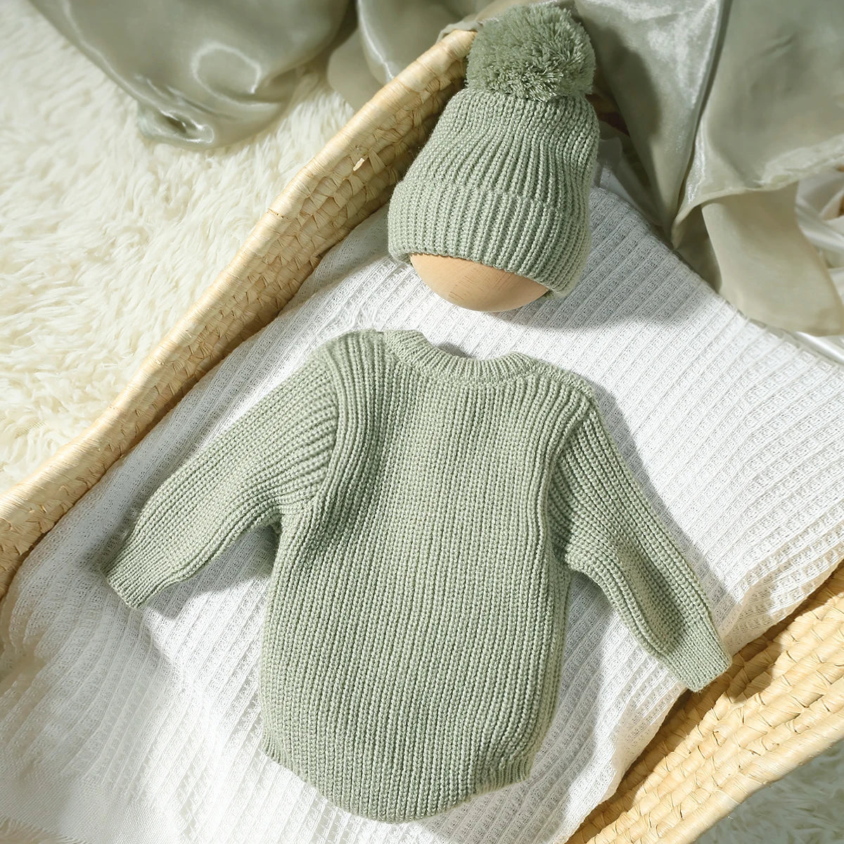 Barboteuse tricotée pour nouveau-né photographie — chapeau à pompon, pull bébé, séance photo HD (v3)