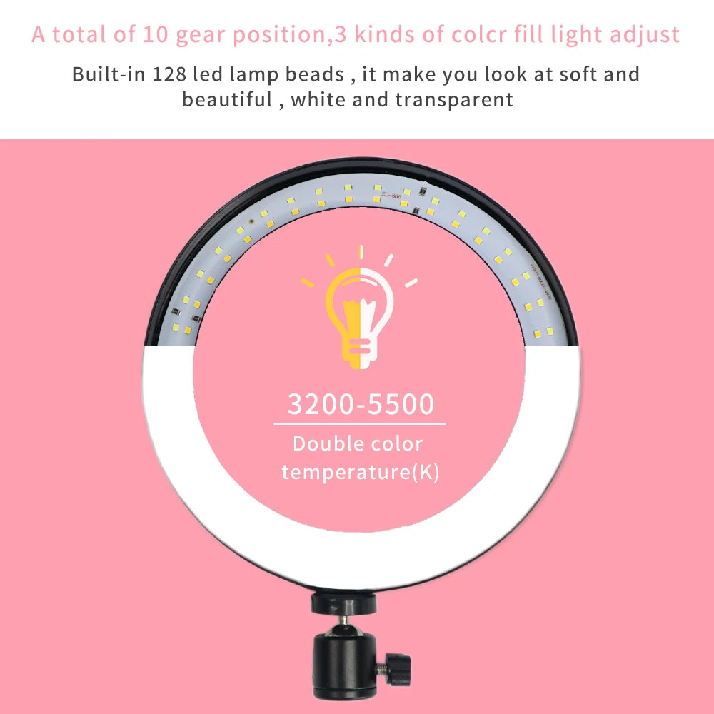 Anneau Lumineux LED Selfie 26cm 120 Perles avec Trépied — Kit Éclairage USB Vidéo