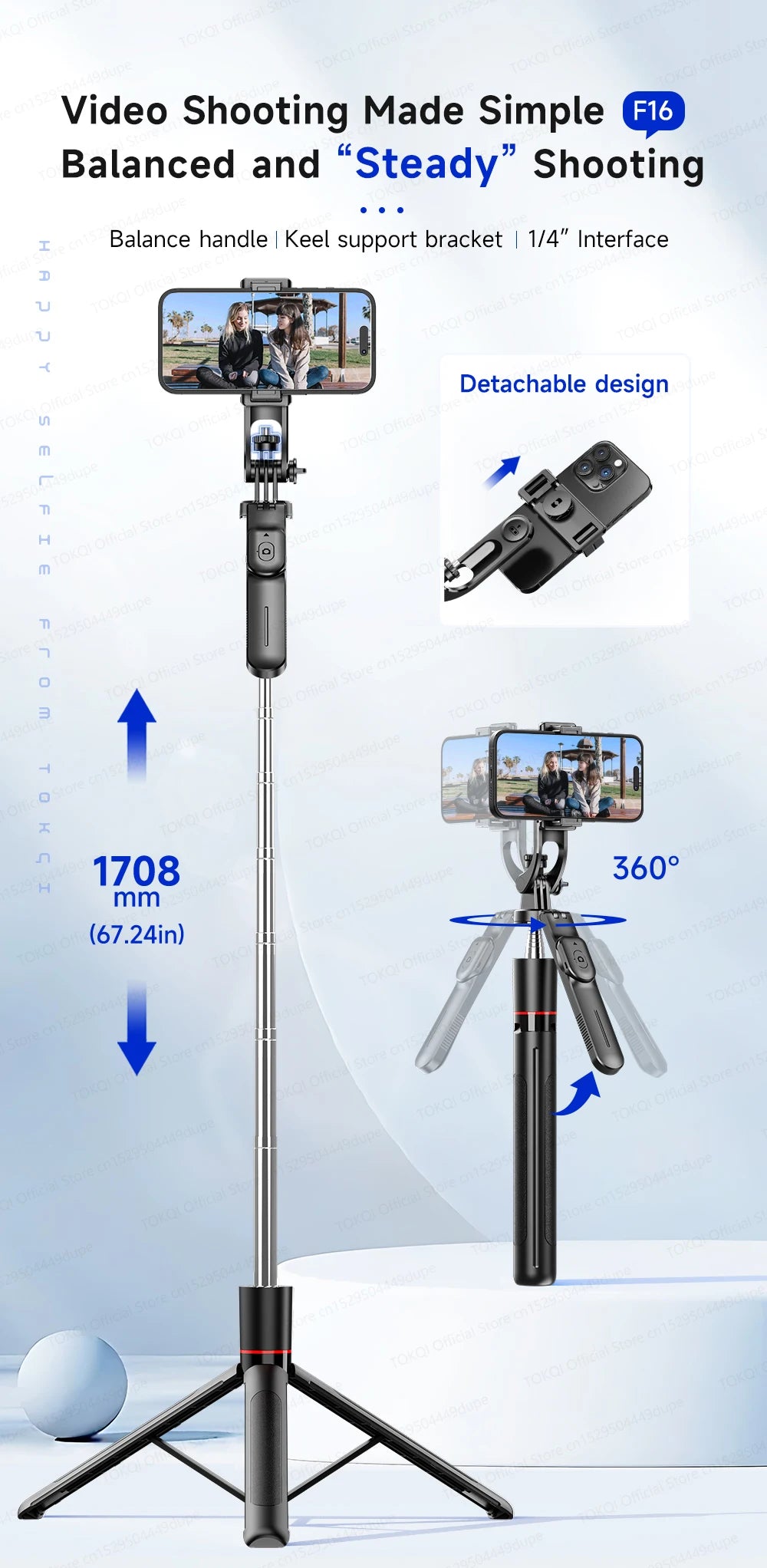 TOKQI — Bâton Selfie Extensible 360° Télécommande Bluetooth & Lumière Optionnelle