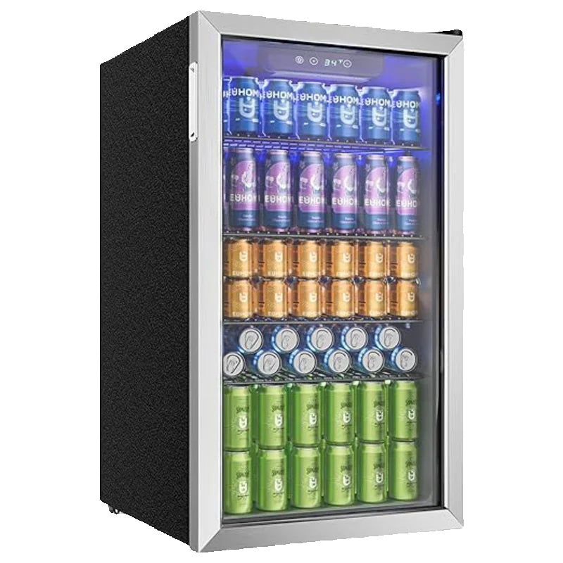 Réfrigérateur à boissons avec porte vitrée pour 126 canettes, étagères réglables, bière/vin, maison/Bar/bureau, acier inoxydable noir