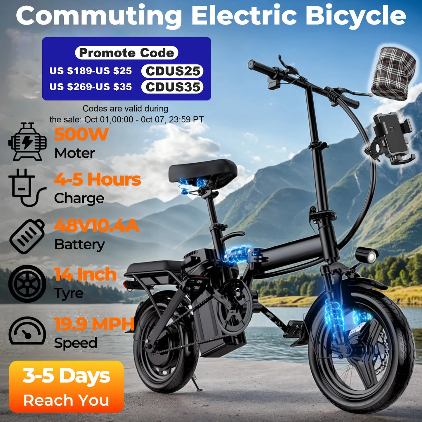 14-inch Electric Bicycle, Easy-Folding Adult Commuter Electric Bike, 500W Motor, Removable Battery, 20 Miles Max Range