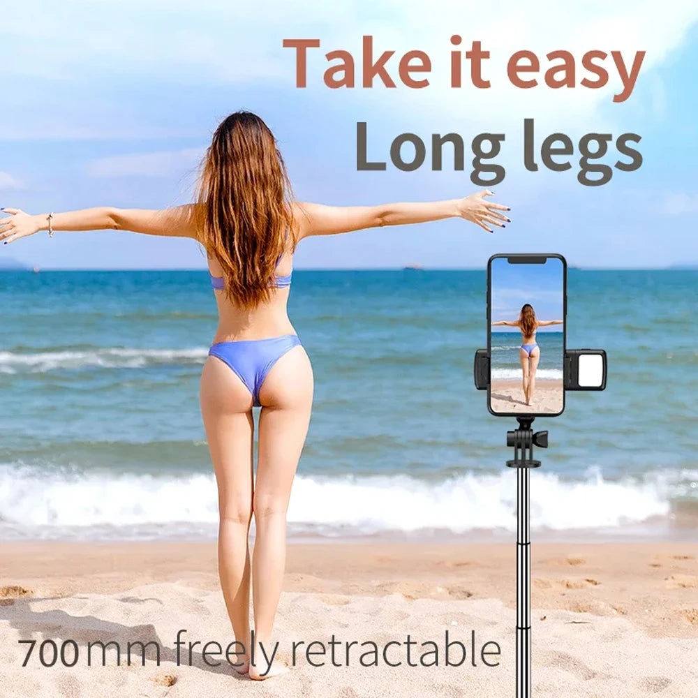 3-in-1 Bluetooth Wireless Selfie Stick Tripod, with Fill Light Shutter Remote Control, Portable Foldable Monopod for iPhone Smartphone