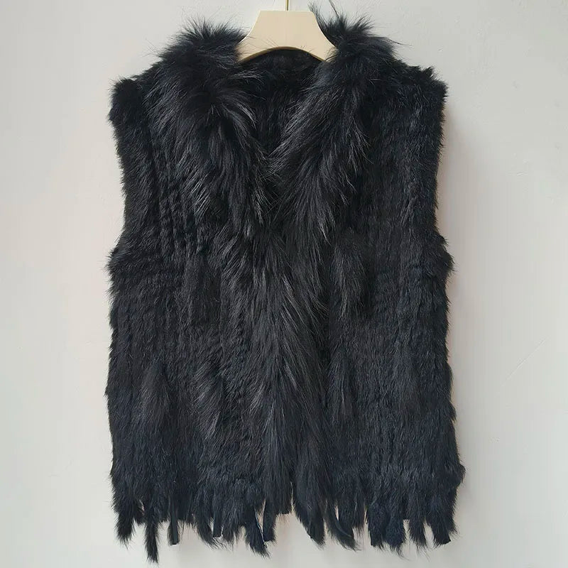 Chaleco de punto de piel de conejo natural auténtica con pompón, chaleco cálido sin mangas para mujer, con ribete de piel de mapache auténtica