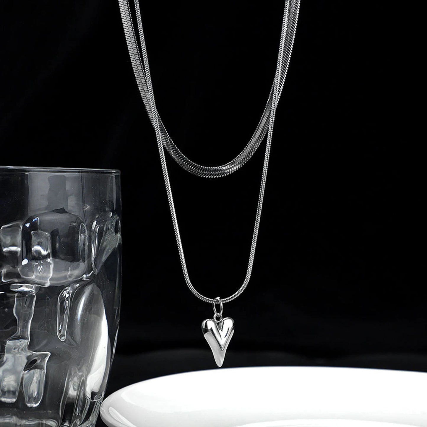Seakissky Stainless Steel Double Layer Necklace, Simple and Elegant, Charming Love Heart Pendant, High Quality Gifts for Women, Hot Sale
