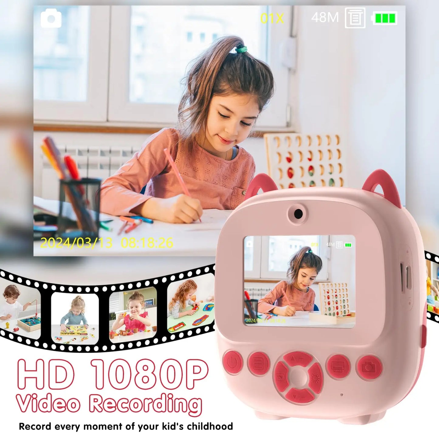 Caméra à impression instantanée, appareil photo multifonctionnel pour tout-petits avec impression de photos instantanée, appareil photo numérique à écran HD de 2,4 pouces pour Photo