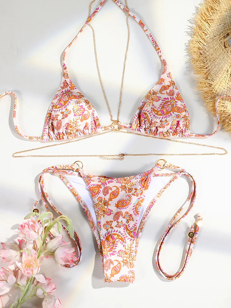 Sexy Triangle chaînes Bikini ensembles Micro tongs maillot de bain femmes maillot de bain Biquini pansements de plage maillot de bain imprimé string Bikini