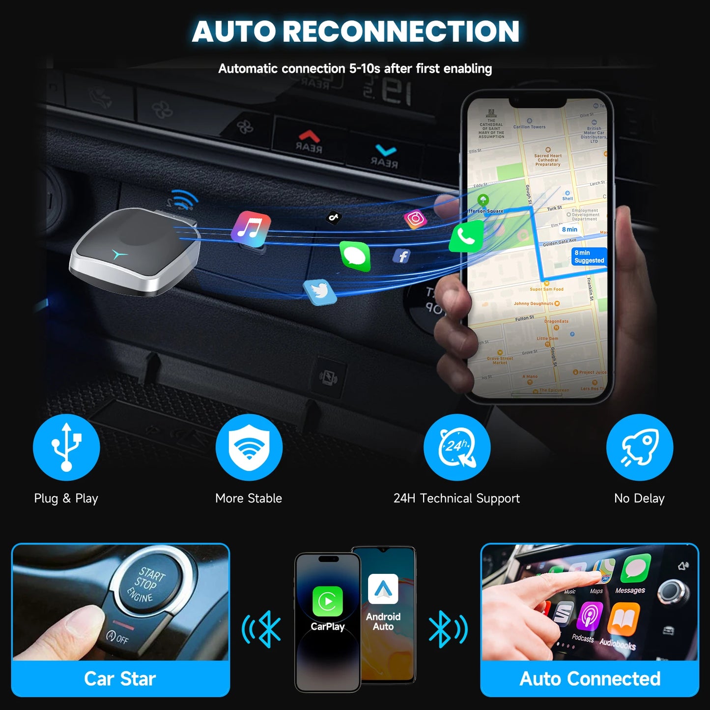 Adaptador inalámbrico 2 en 1 de CarPlay con cable a inalámbrico y adaptador inalámbrico Android Auto Plug & Play