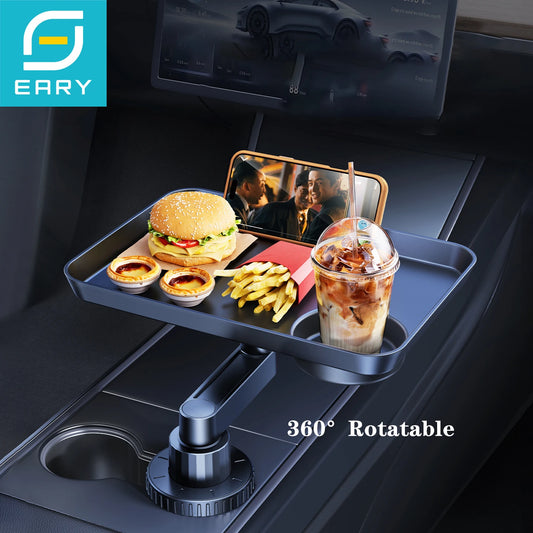Tablette de table pivotante pour porte-gobelet de voiture Eary, plateau de repas pour siège avant/arrière, support pour manger, boire et sauces, idéal pour les voyages en voiture