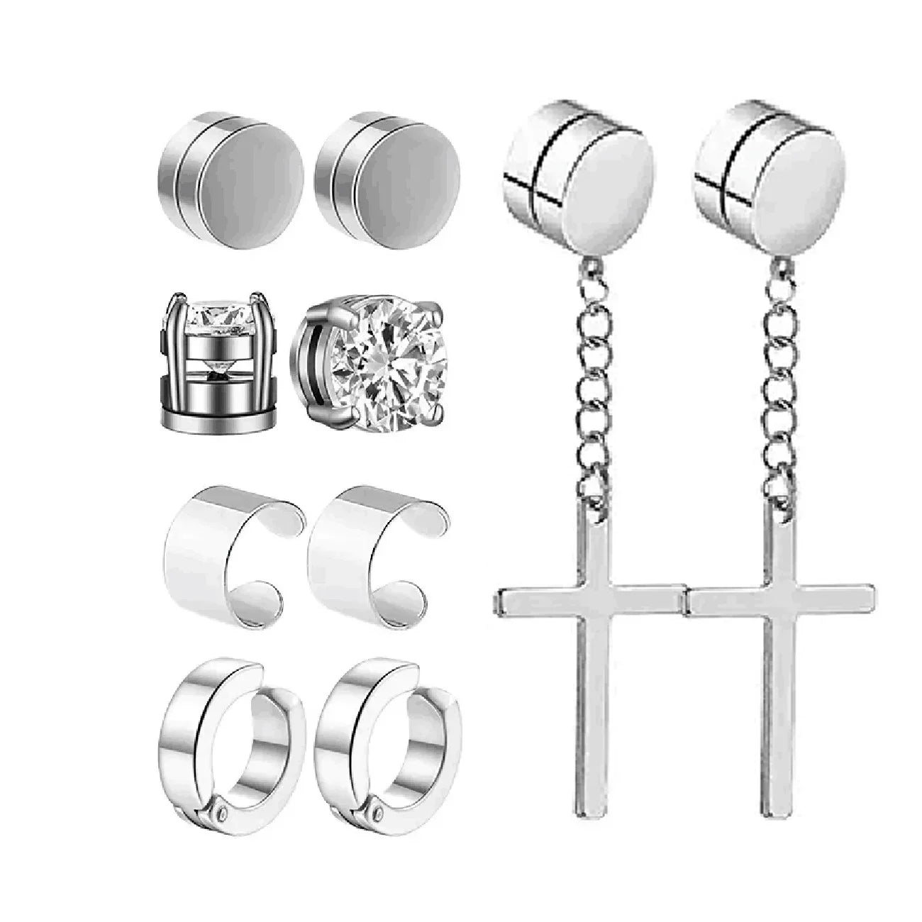 Ensemble de faux boucles d'oreilles en acier inoxydable pour hommes, 1 à 10 paires, à la mode, avec trou d'oreille, aimant gratuit, zircon