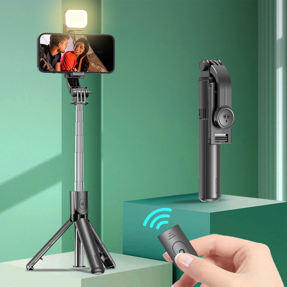 Trépied perche à selfie Bluetooth — support bureau, téléphone, obturateur télécommande sans fil, lumière de remplissage
