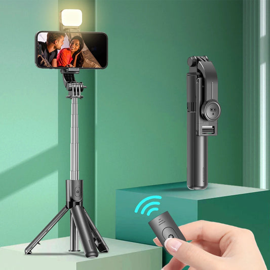 Trépied perche à selfie Bluetooth — support bureau, téléphone, obturateur télécommande sans fil, lumière de remplissage