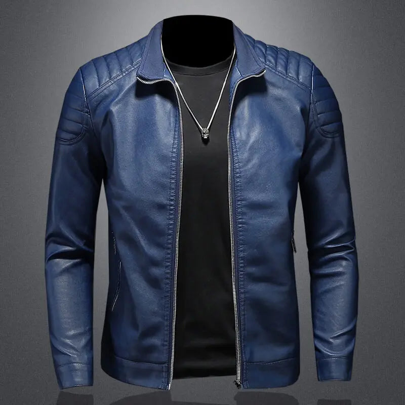 Veste de moto en cuir PU pour homme, col montant, coupe-vent décontracté, vêtements ChimMens, noir, bleu, hiver, 2024