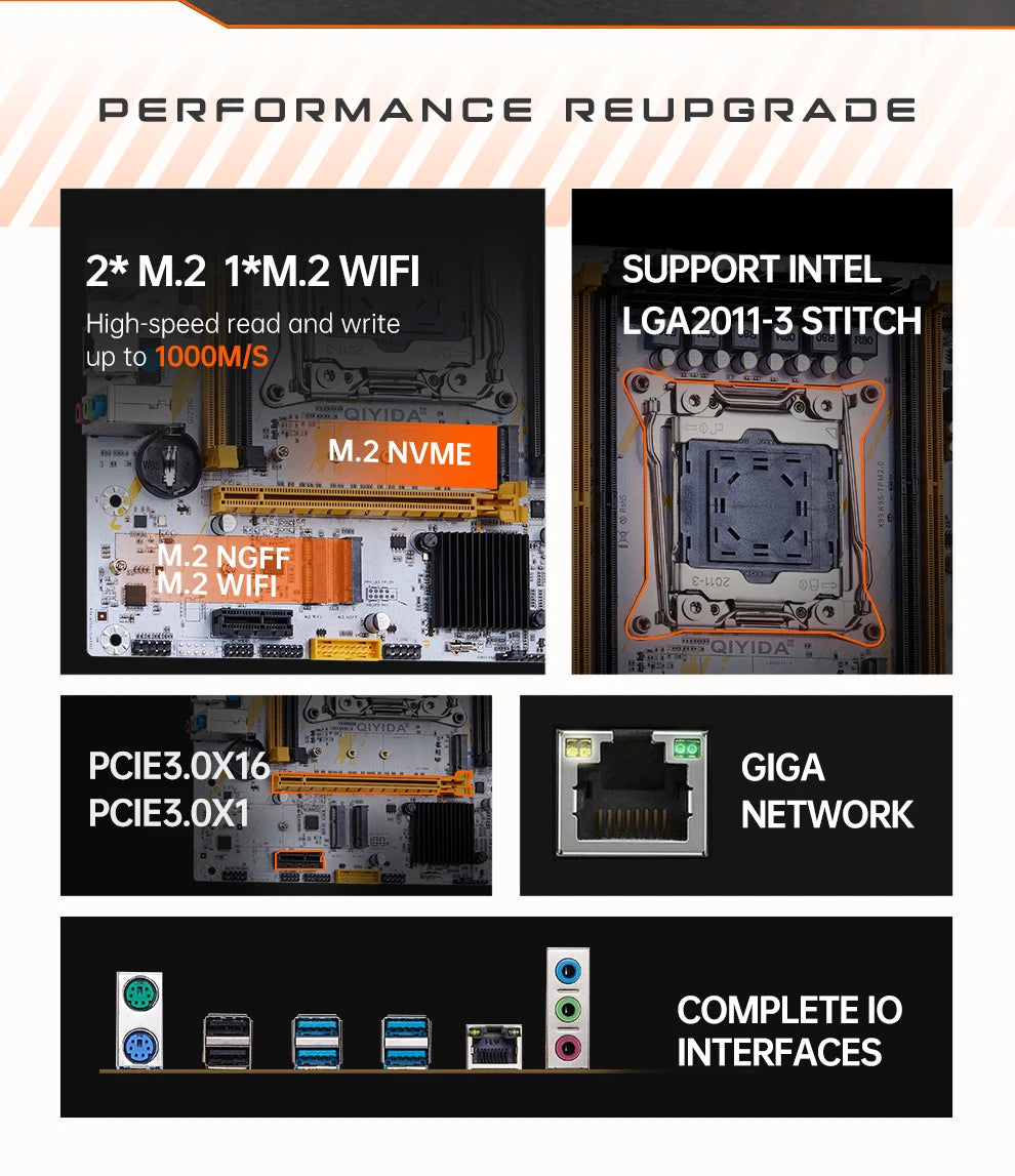 Carte mère QIYIDA X99 mATX LGA2011-3 — Xeon E5 V3/V4, DDR4 128 Go, M.2 NVMe/NGFF, SATA3, USB3.0
