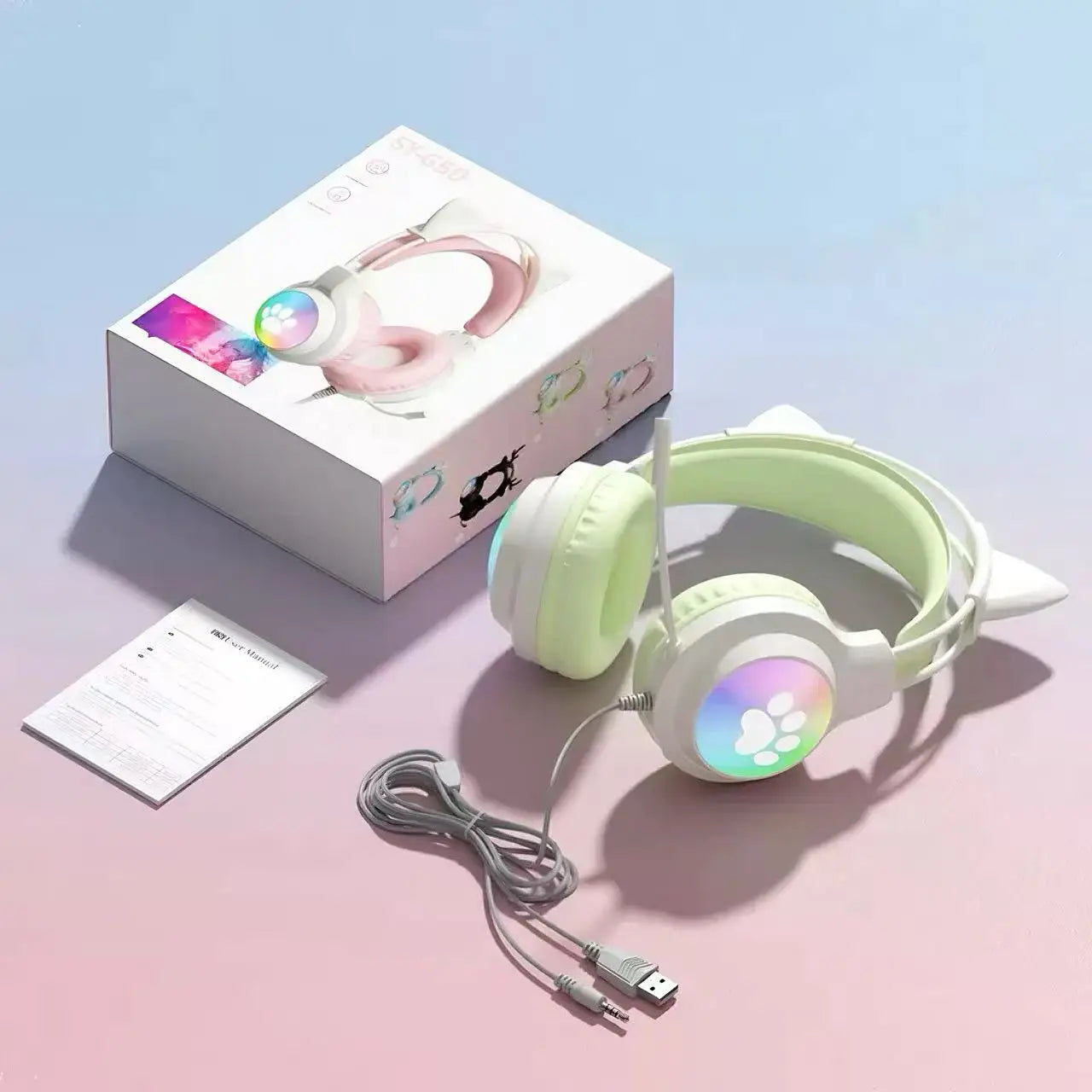 Casque gaming oreilles de chat filaire — suppression du bruit, éclairage LED, son surround FPS, micro (v2)
